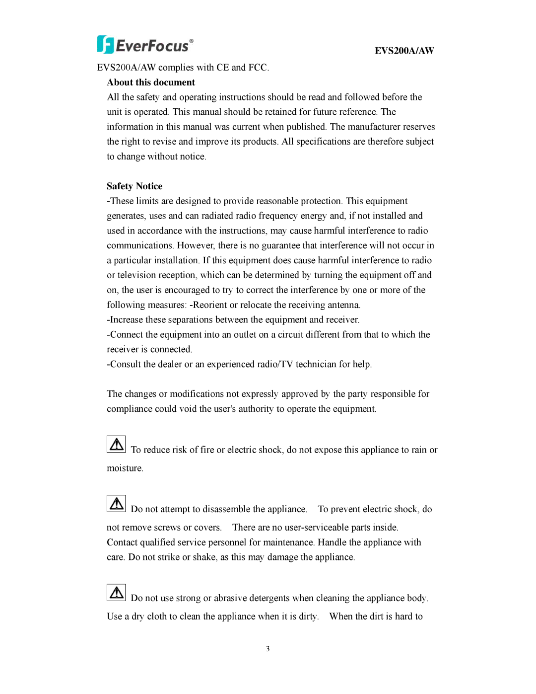 EverFocus EVS200A/AW user manual About this document, Safety Notice 