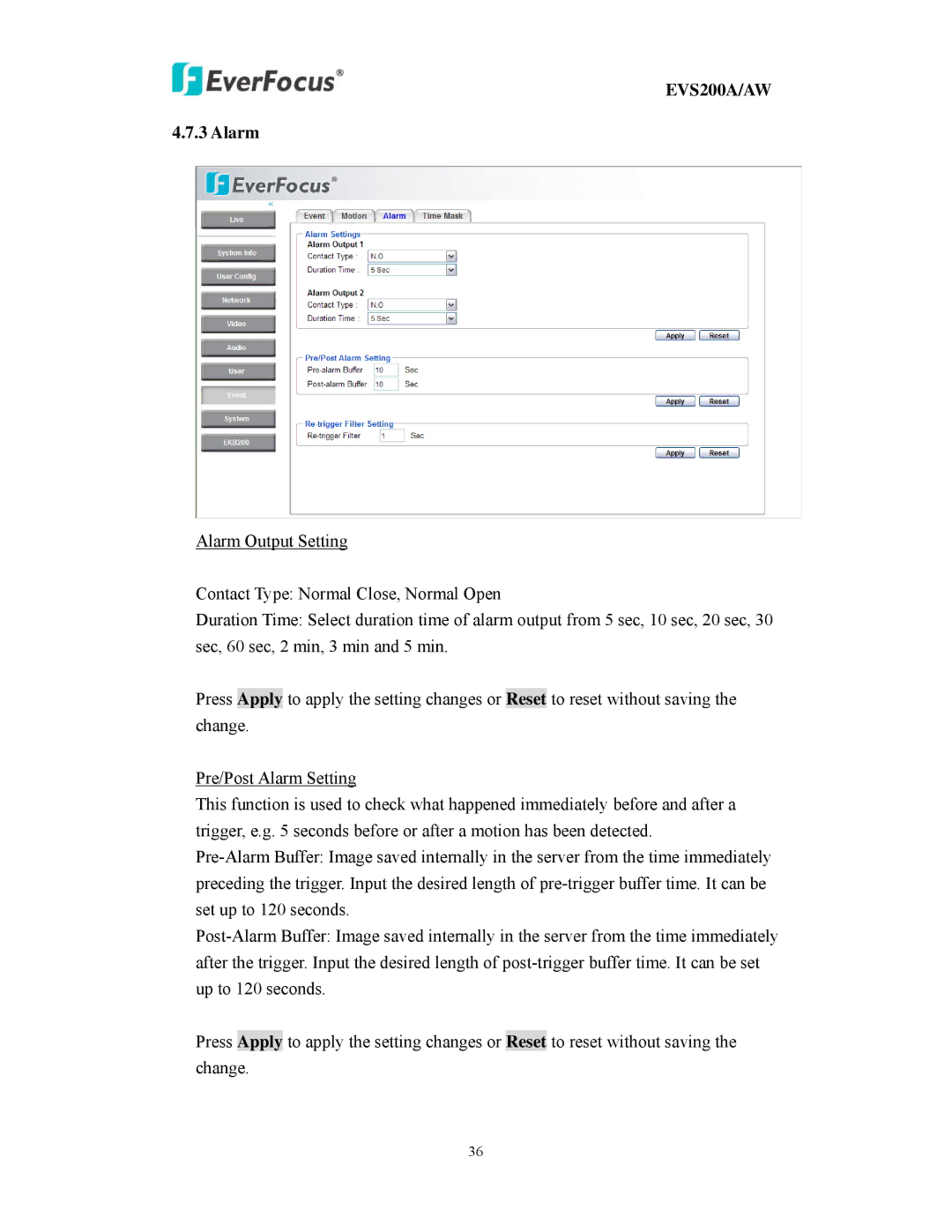 EverFocus EVS200A/AW user manual Alarm 