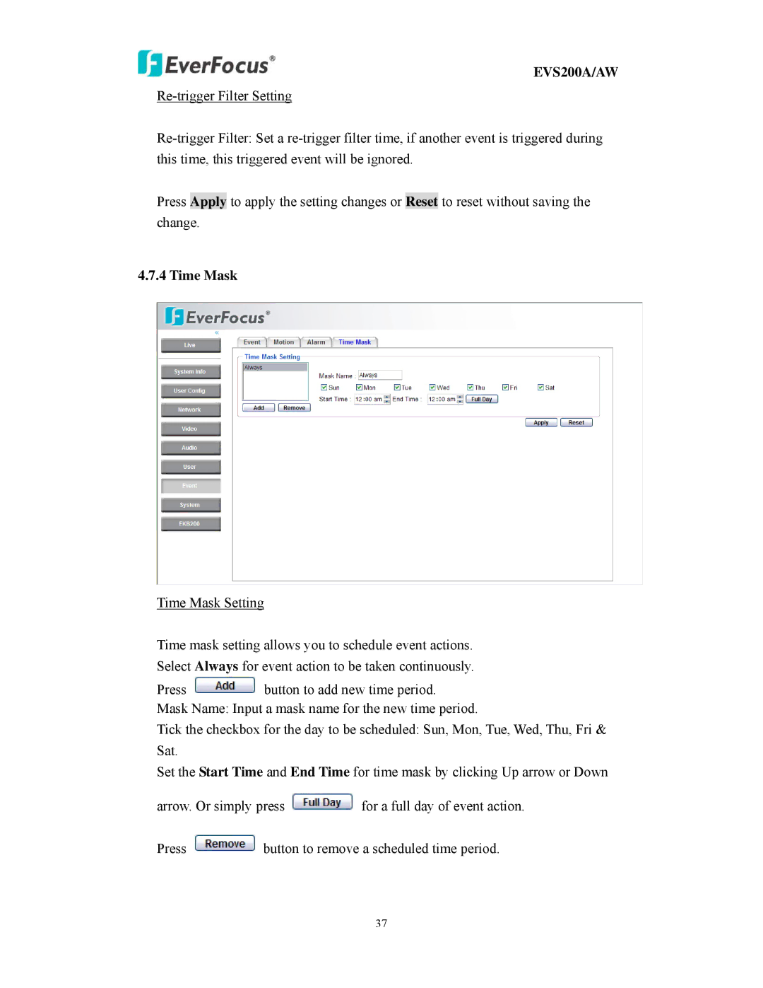 EverFocus EVS200A/AW user manual Time Mask 