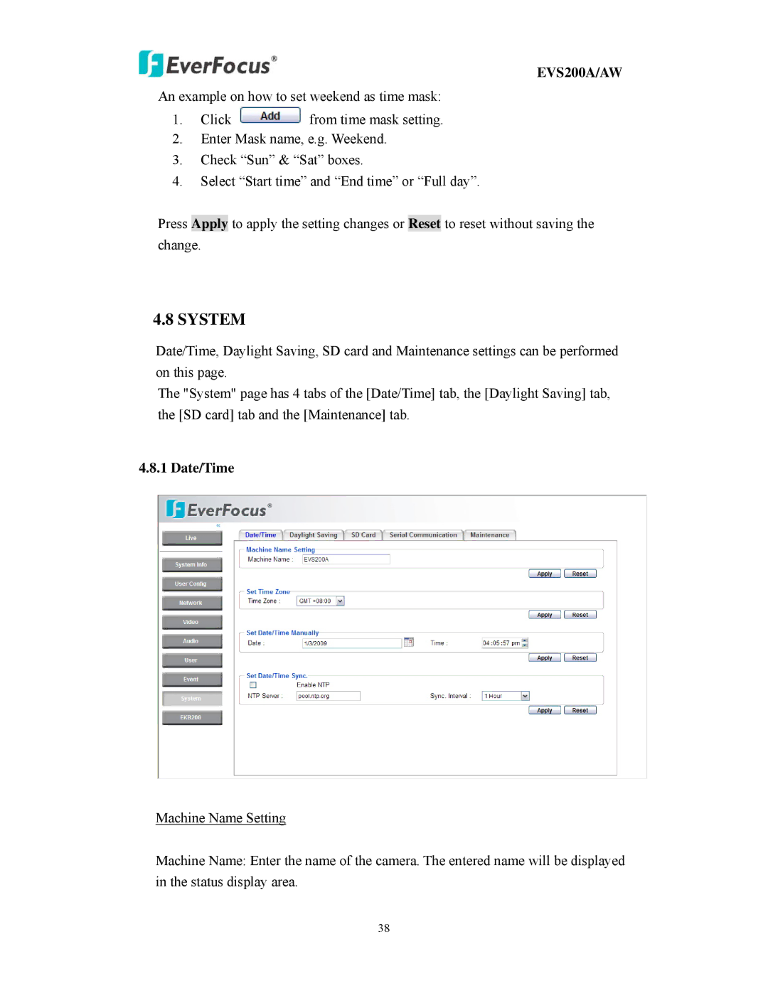 EverFocus EVS200A/AW user manual System, Date/Time 