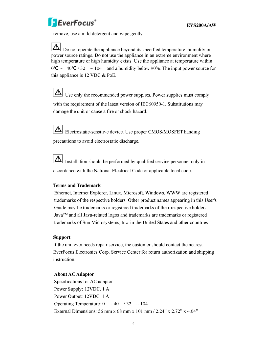 EverFocus EVS200A/AW user manual Terms and Trademark, Support, About AC Adaptor 