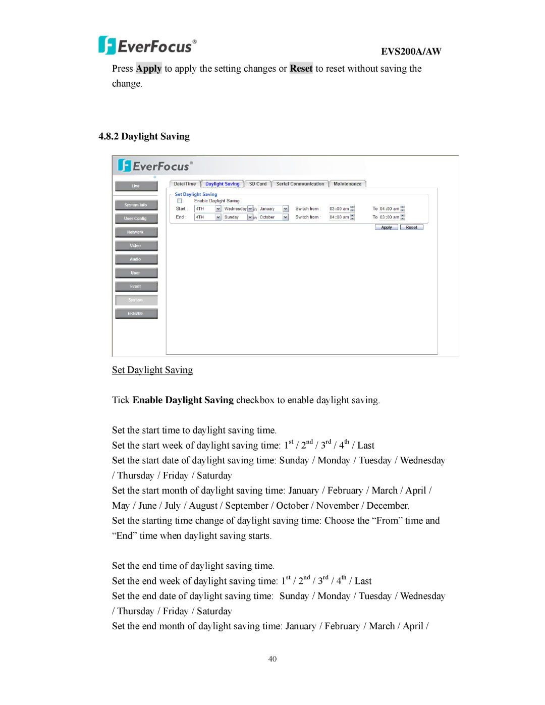 EverFocus EVS200A/AW user manual Daylight Saving 