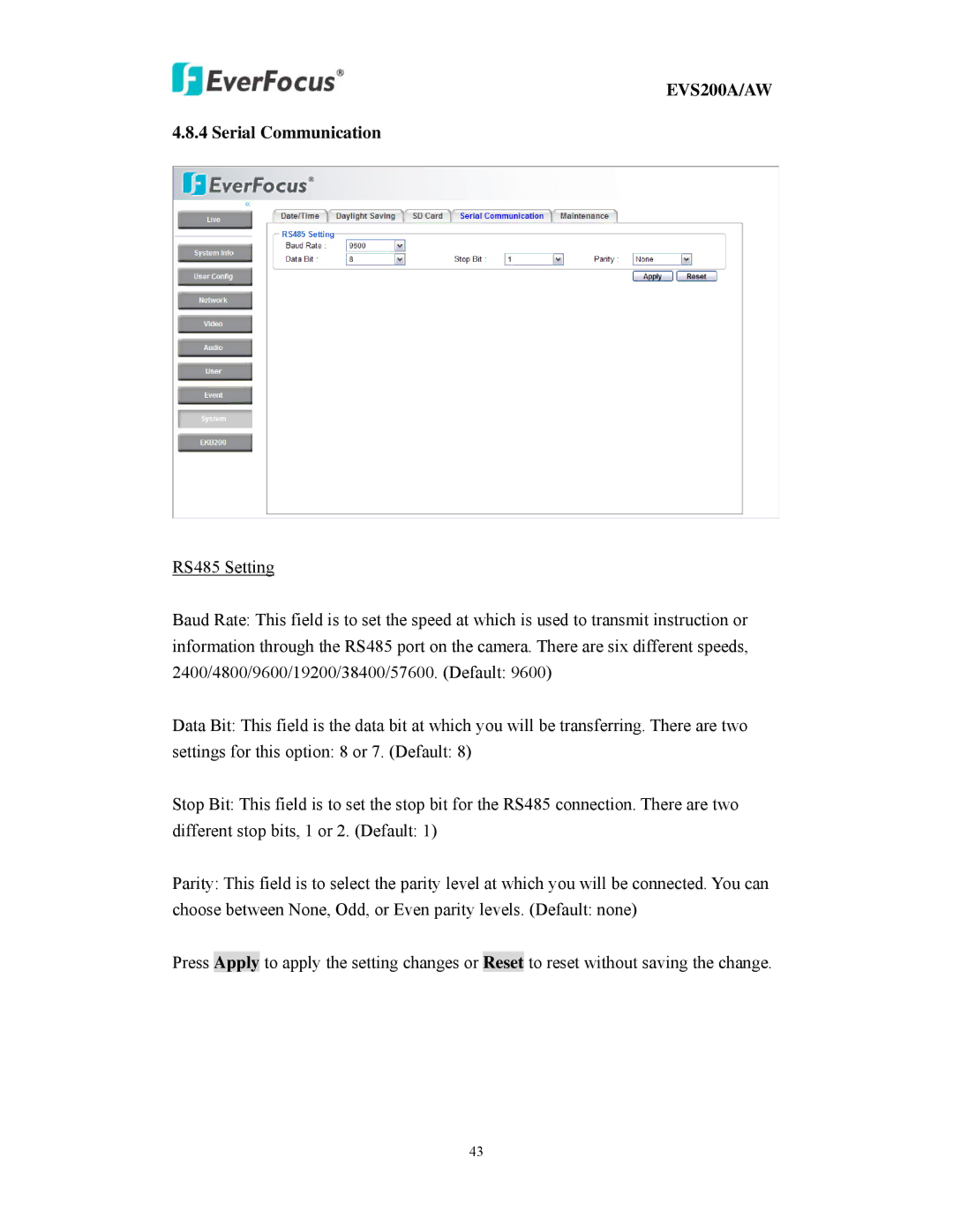 EverFocus EVS200A/AW user manual Serial Communication 
