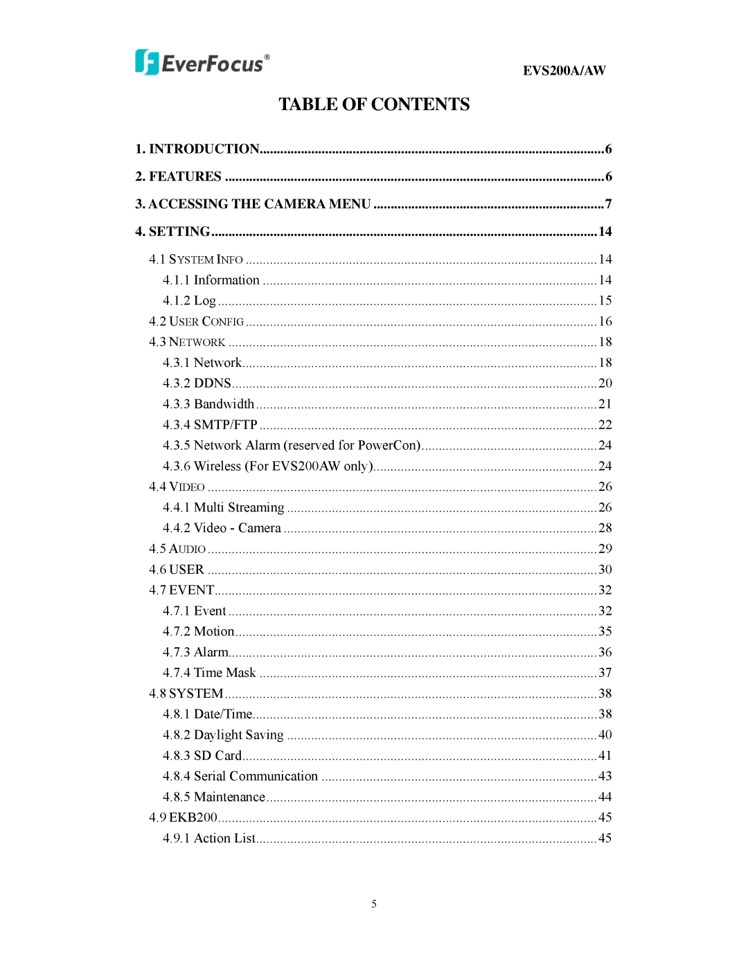 EverFocus EVS200A/AW user manual Table of Contents 