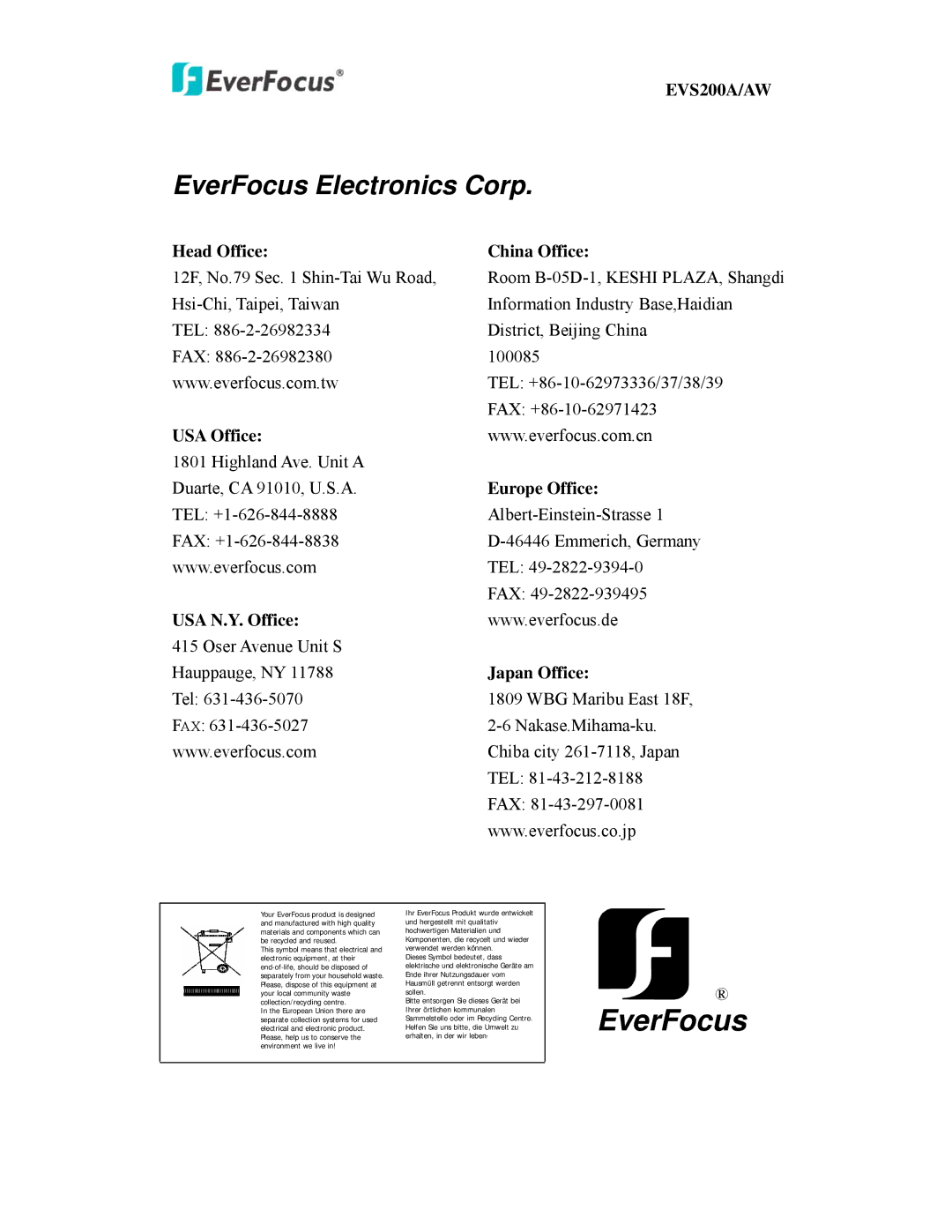 EverFocus EVS200A/AW user manual Head Office China Office, USA Office, Europe Office, USA N.Y. Office, Japan Office 