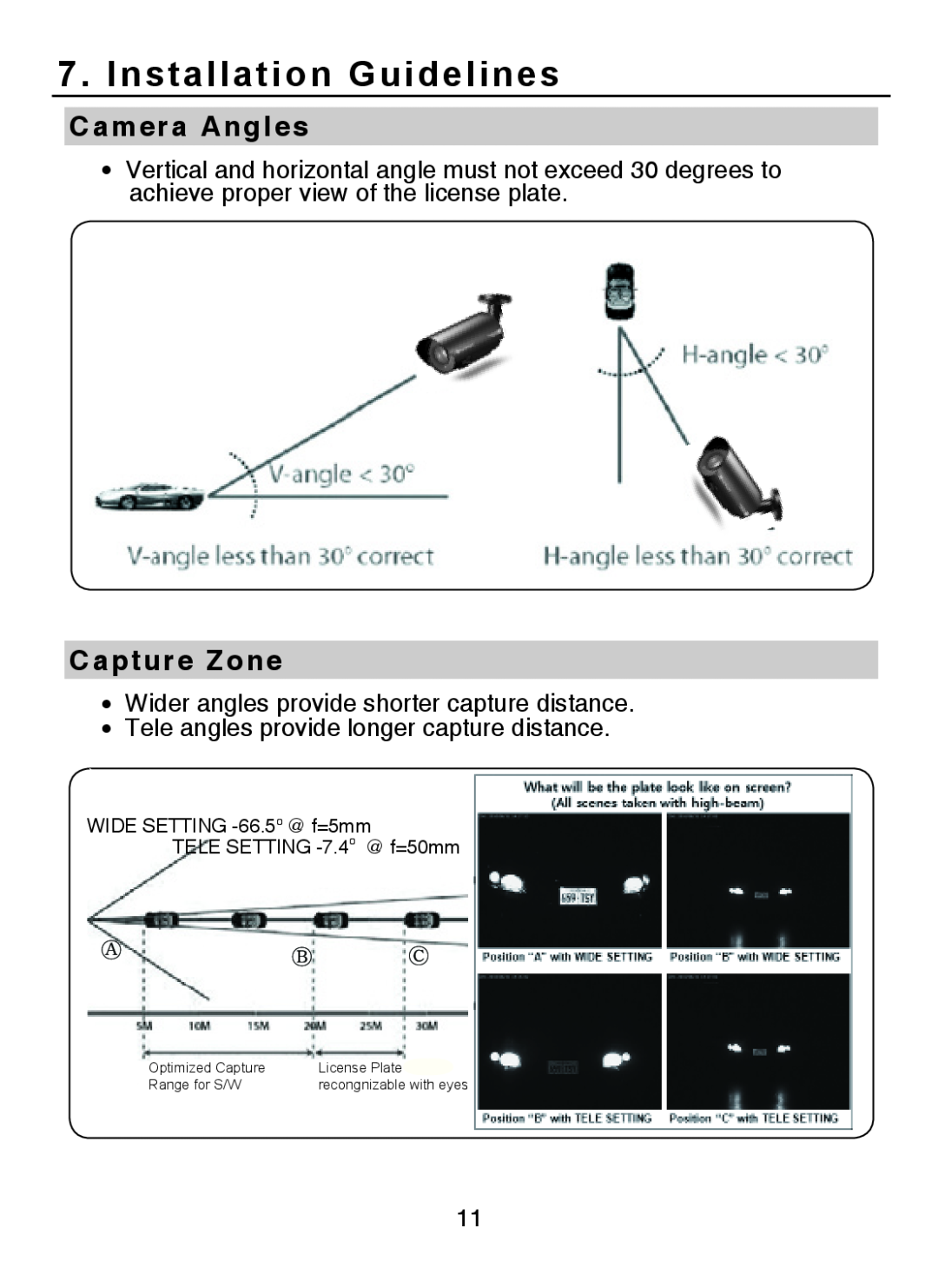 EverFocus EZ-PLATECAM2 Camera Angles, Capture Zone, Wider angles provide shorter capture distance, Installation Guidelines 