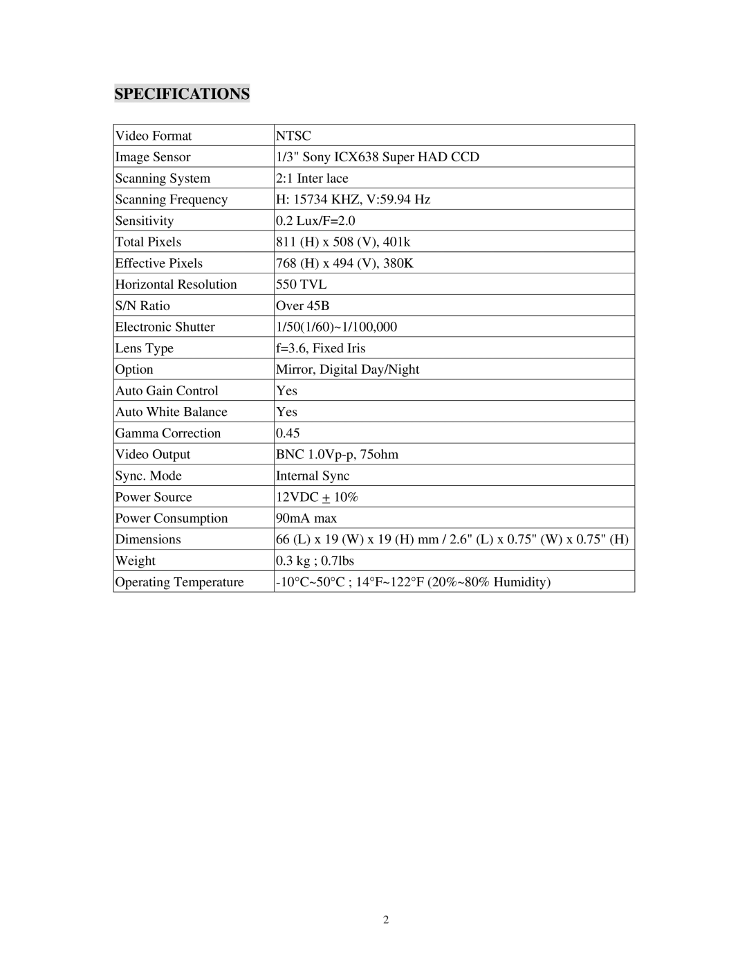 EverFocus EZ-VF325NH specifications Specifications, Ntsc 