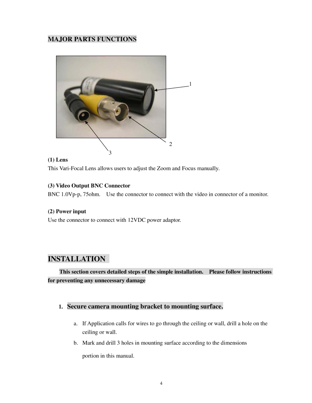 EverFocus EZ-VF325NH Major Parts Functions, Secure camera mounting bracket to mounting surface, Lens, Power input 