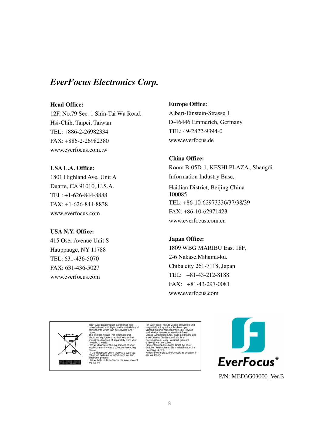 EverFocus EZ-VF325NH specifications Head Office, USA L.A. Office USA N.Y. Office Europe Office, China Office, Japan Office 