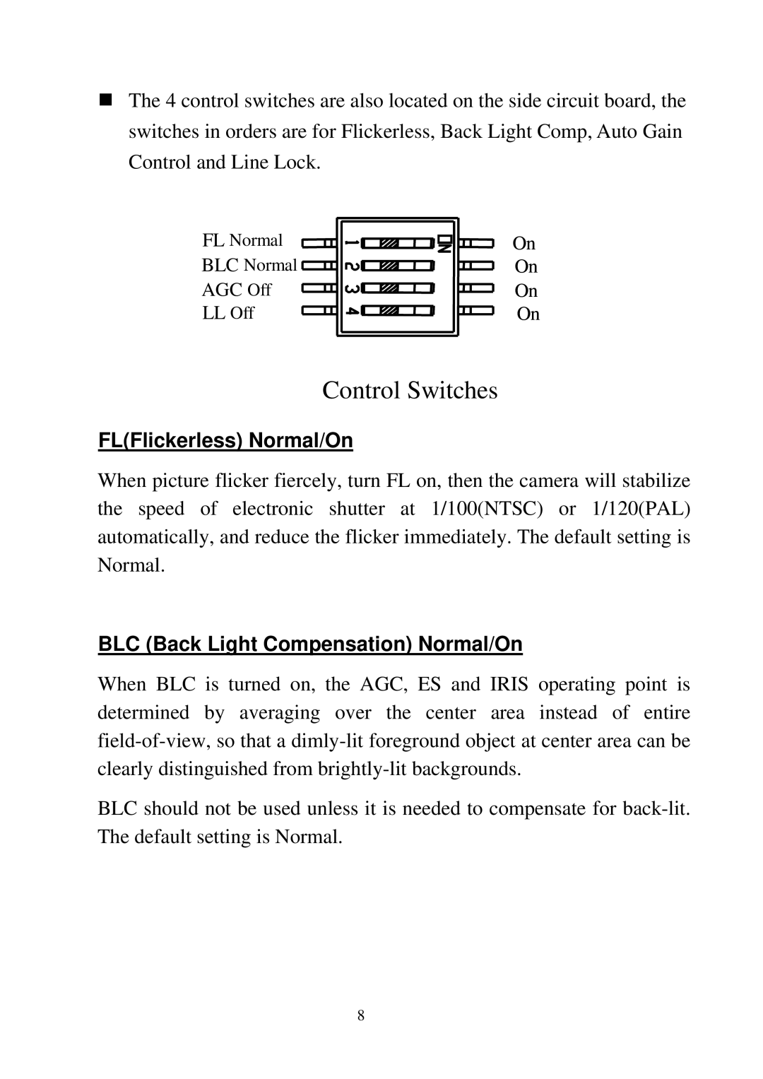 EverFocus EZ180 user manual FLFlickerless Normal/On, BLC Back Light Compensation Normal/On 