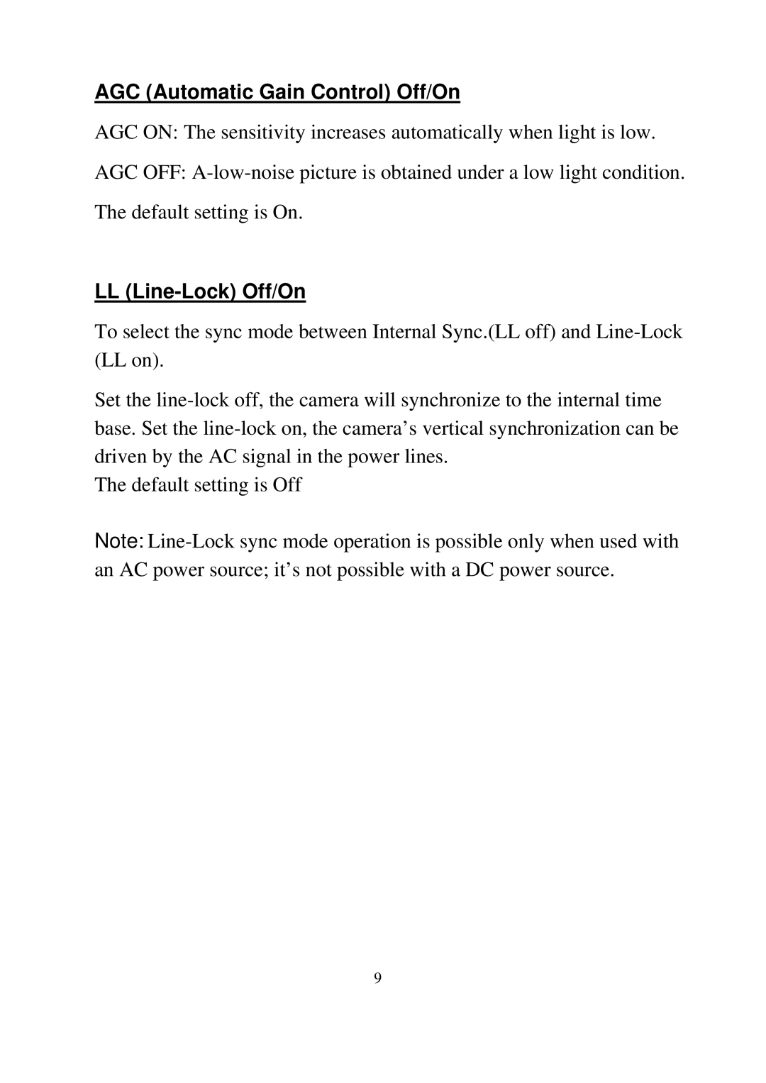 EverFocus EZ180 user manual AGC Automatic Gain Control Off/On, LL Line-Lock Off/On 