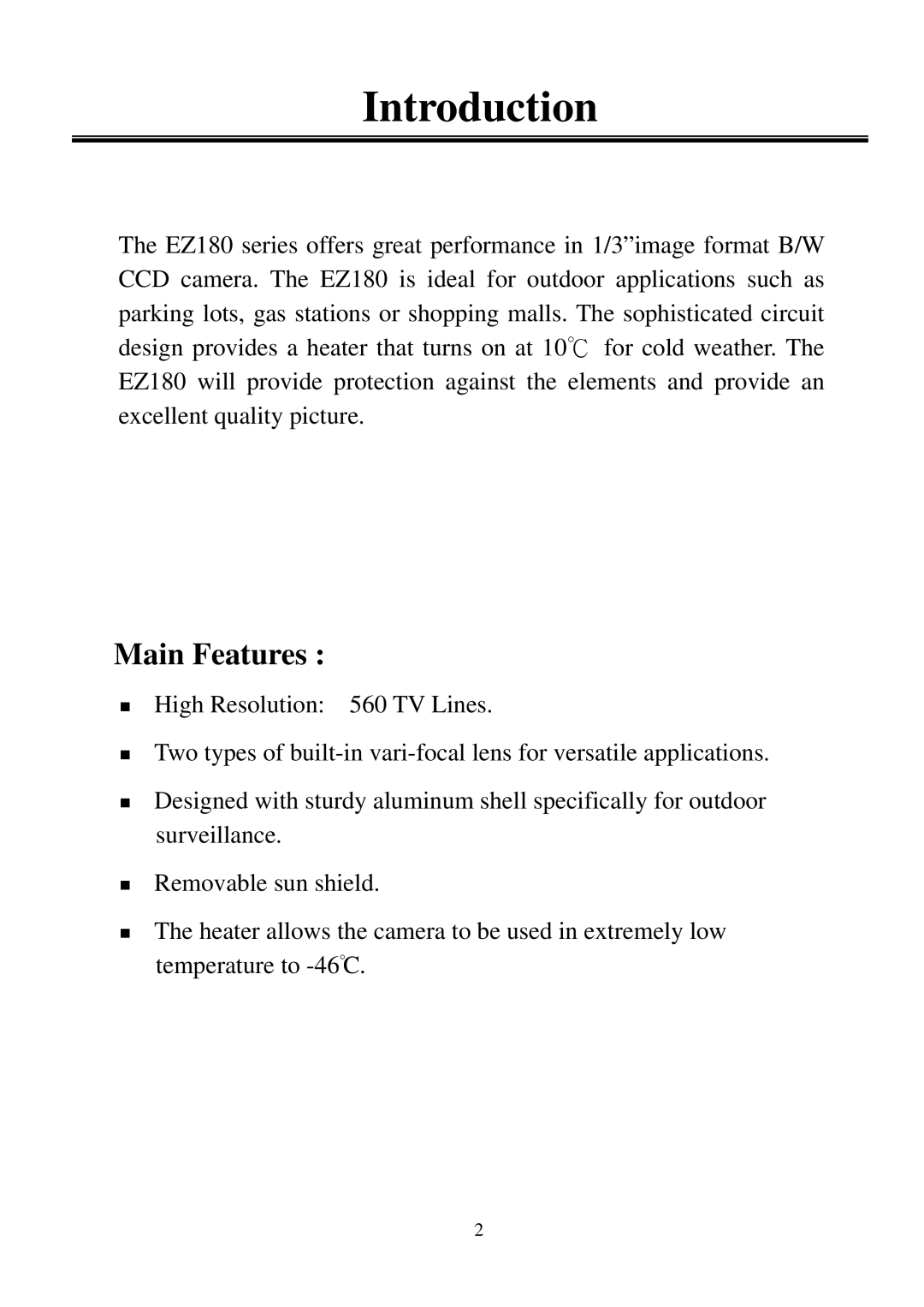 EverFocus EZ180 user manual Introduction, Main Features 