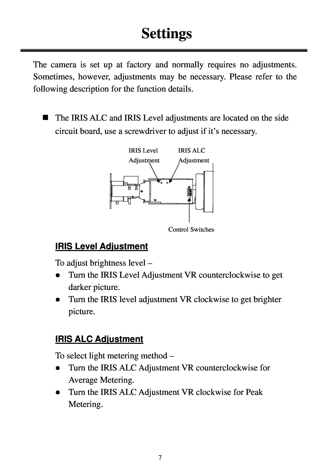 EverFocus EZ180 user manual Settings, IRIS Level Adjustment, IRIS ALC Adjustment 