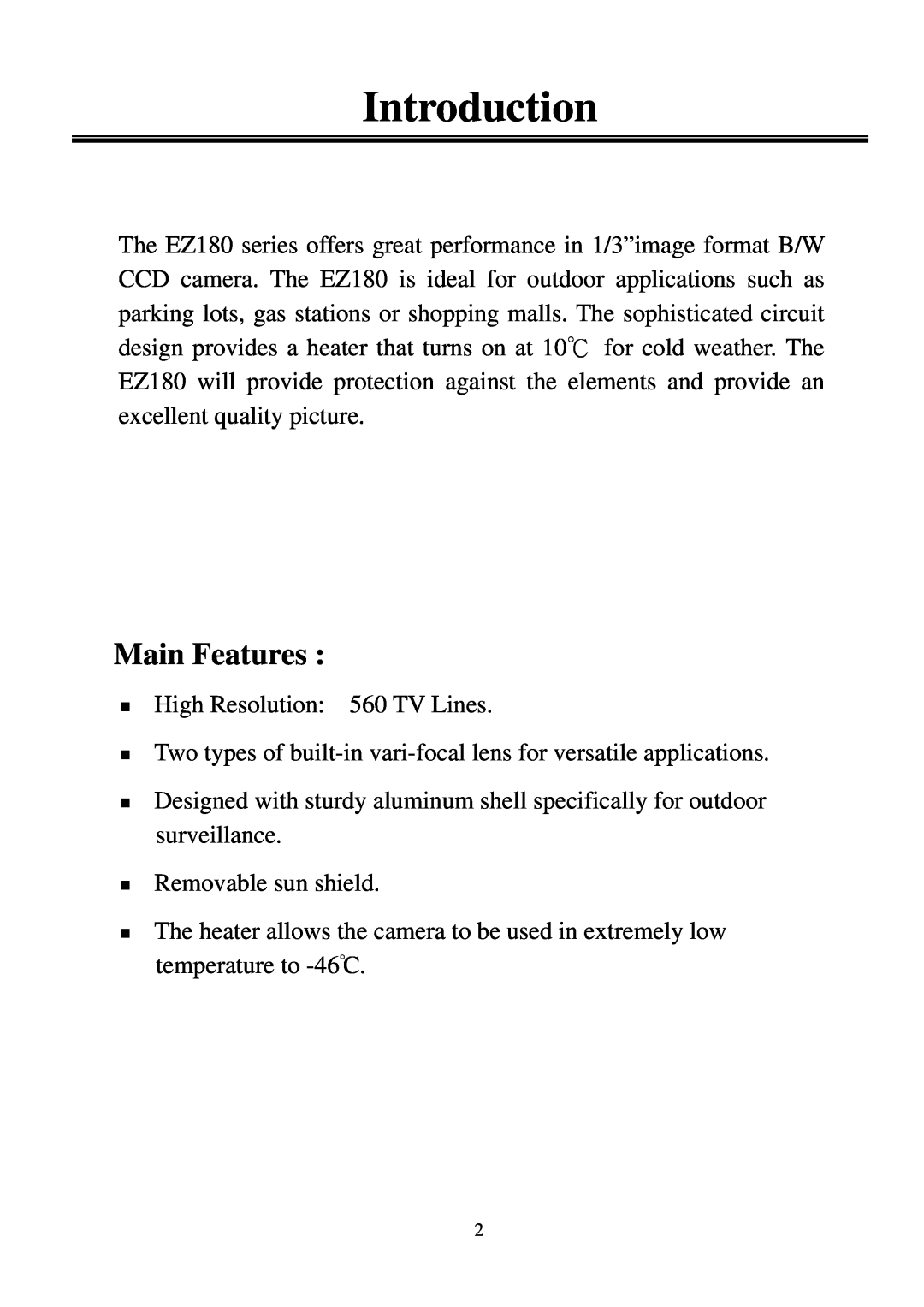 EverFocus EZ180 user manual Introduction, Main Features 