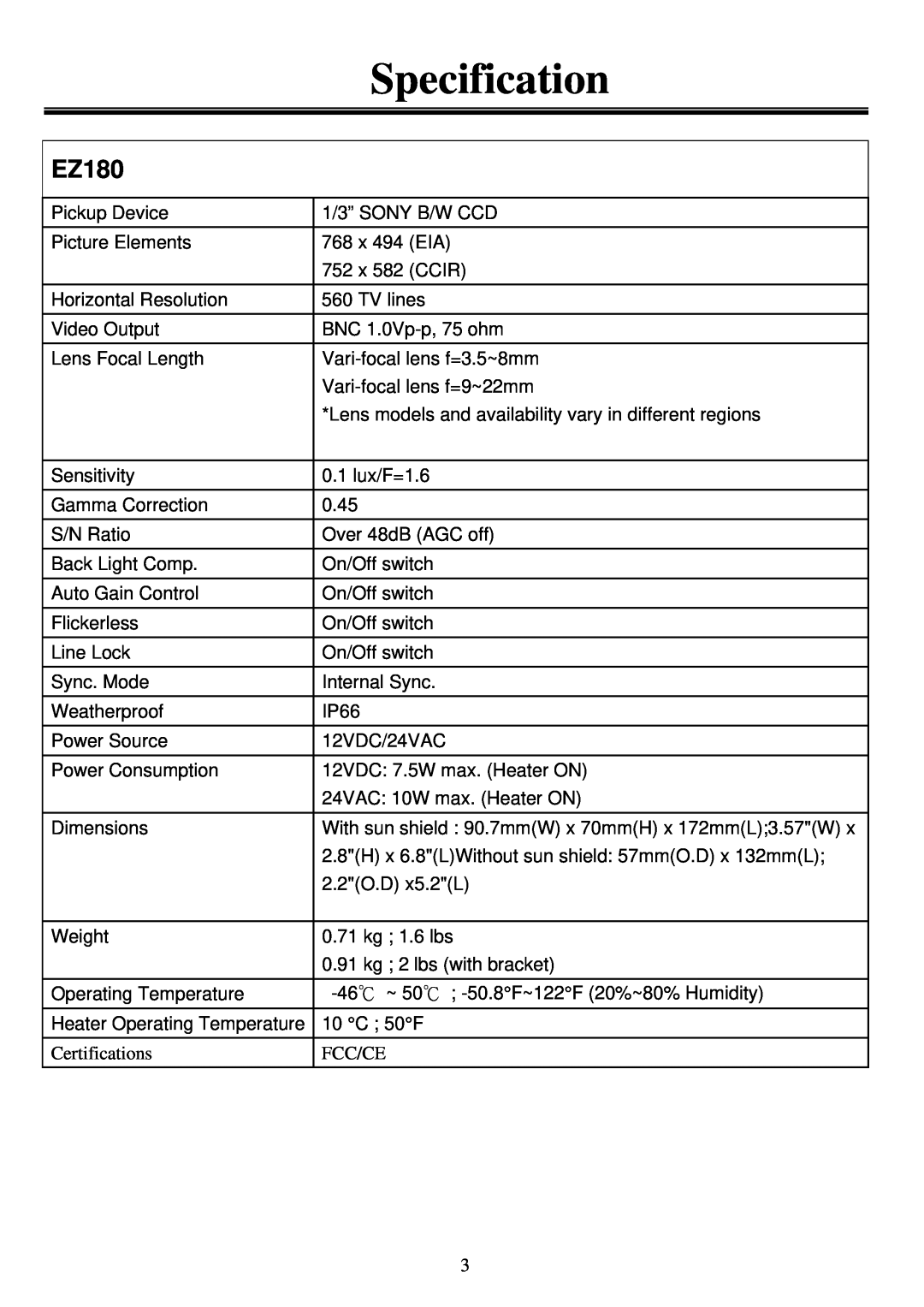 EverFocus EZ180 user manual Specification 