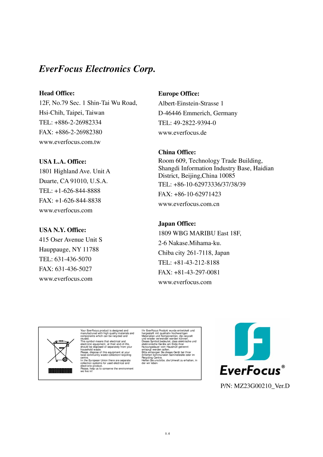 EverFocus 330E, EZ230E, 235E, 335E specifications EverFocus Electronics Corp 