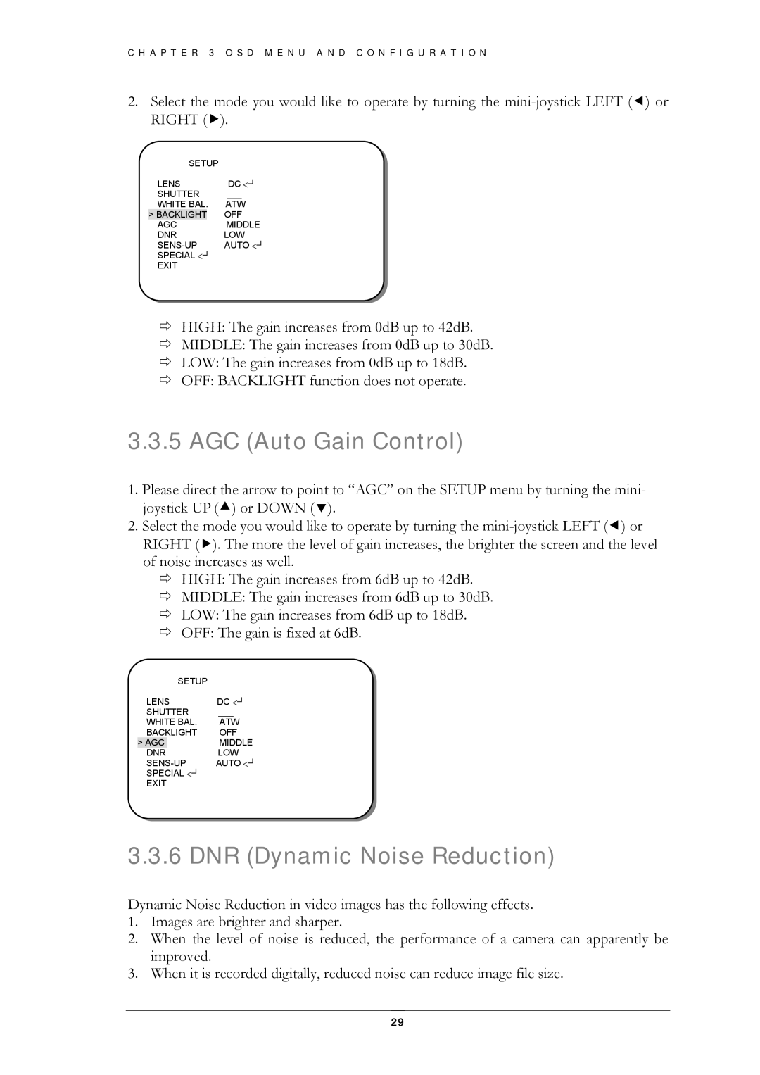 EverFocus EZ550 manual AGC Auto Gain Control, DNR Dynamic Noise Reduction 