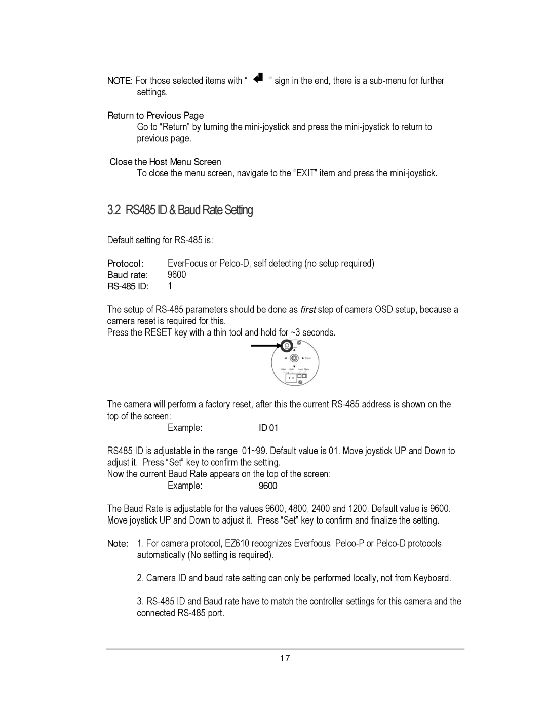 EverFocus EZ610 manual RS485 ID & Baud Rate Setting, Return to Previous, Close the Host Menu Screen, Baud rate RS-485 ID 