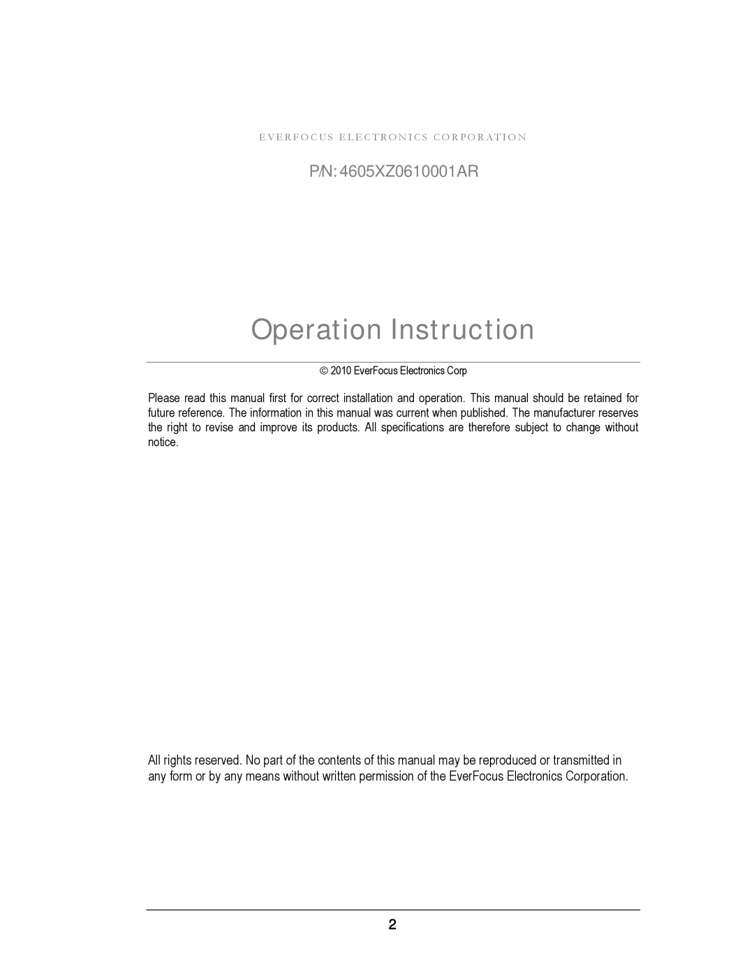 EverFocus EZ610 manual Operation Instruction 