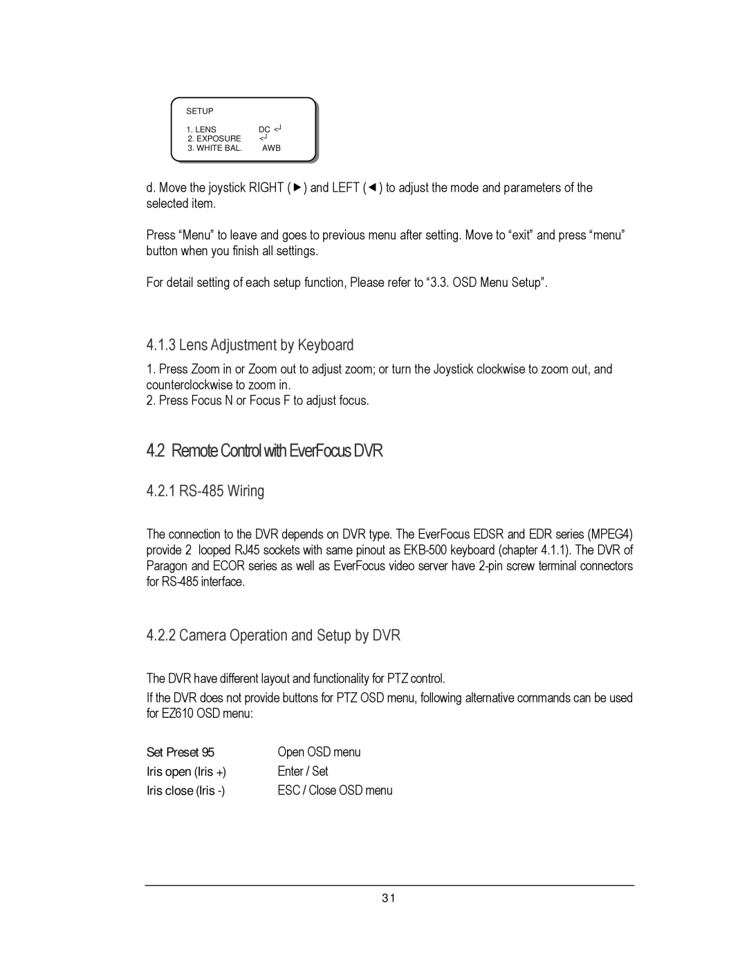 EverFocus EZ610 manual Remote Control with EverFocus DVR, Lens Adjustment by Keyboard, 1 RS-485 Wiring 