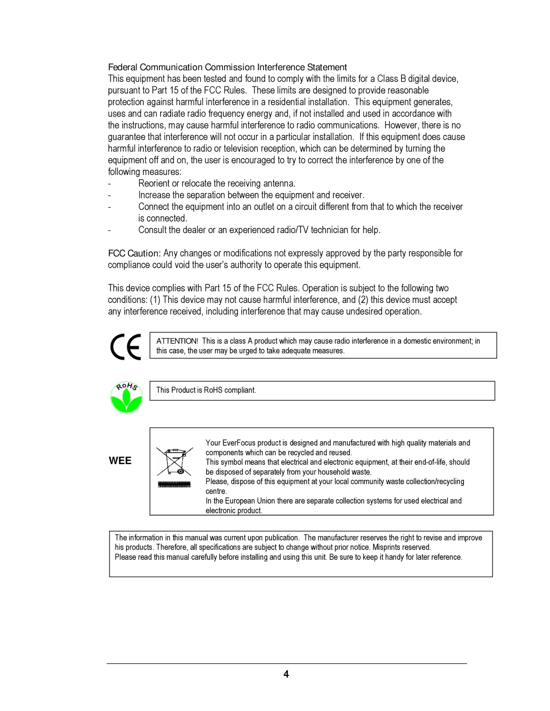 EverFocus EZ610 manual Federal Communication Commission Interference Statement, Wee 