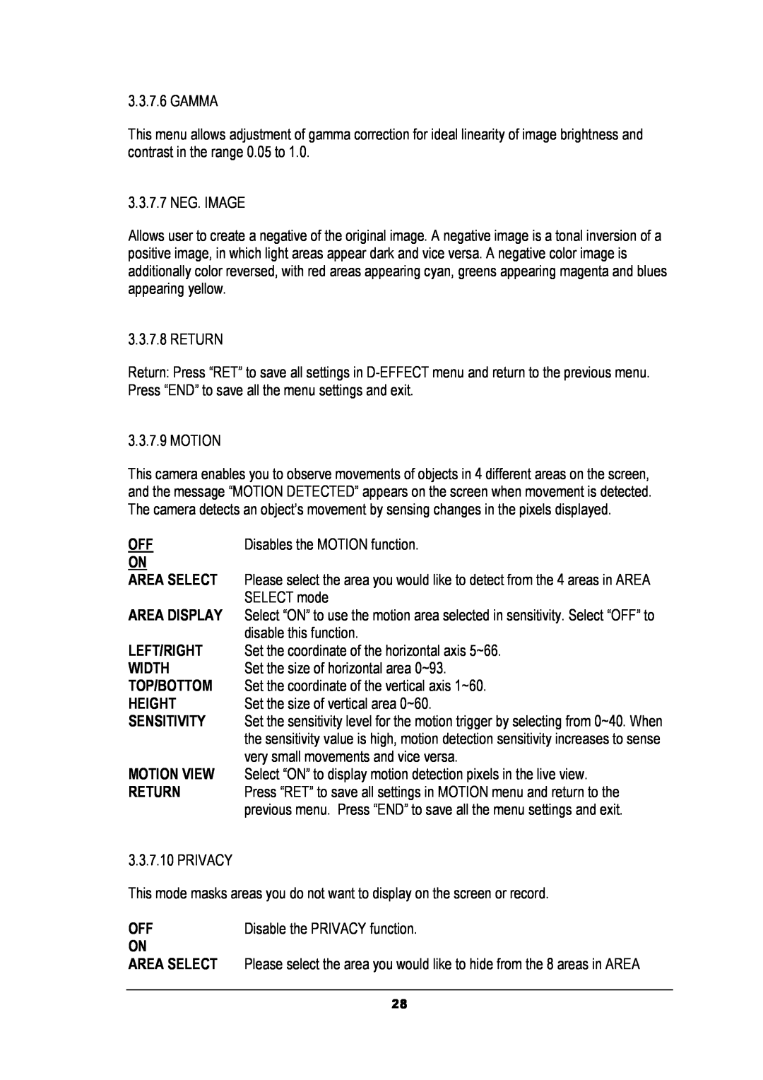 EverFocus EZ630 manual Press “RET” to save all settings in MOTION menu and return to the 