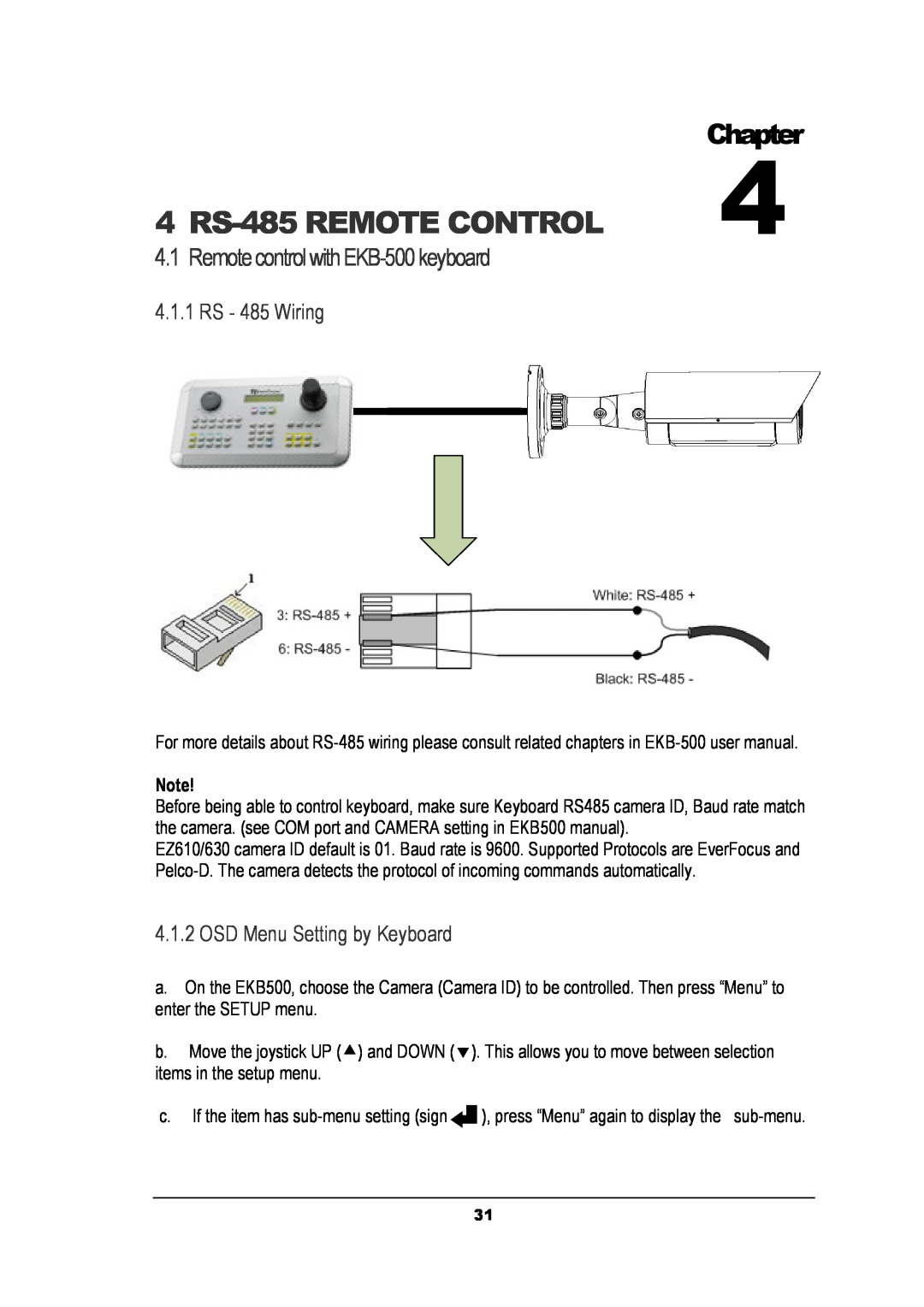 EverFocus EZ630 RS-485 REMOTE CONTROL, Remote control with EKB-500 keyboard, RS - 485 Wiring, OSD Menu Setting by Keyboard 