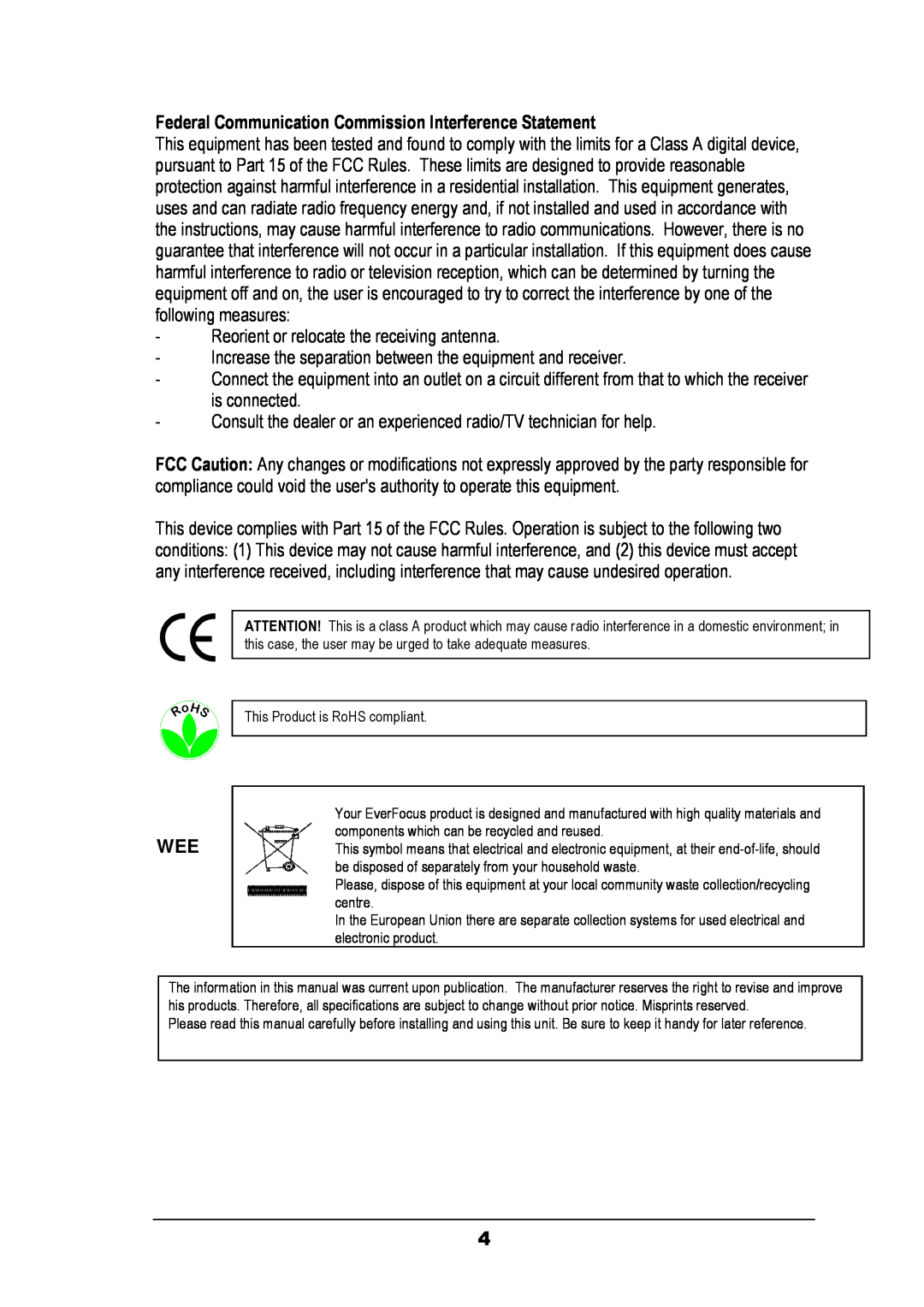 EverFocus EZ630 manual Federal Communication Commission Interference Statement, Reorient or relocate the receiving antenna 