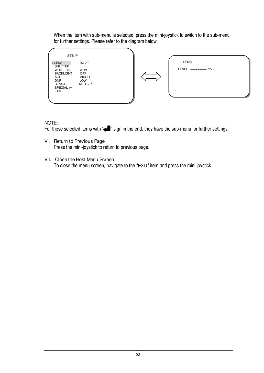 EverFocus EZ650 manual VI. Return to Previous, VII. Close the Host Menu Screen 