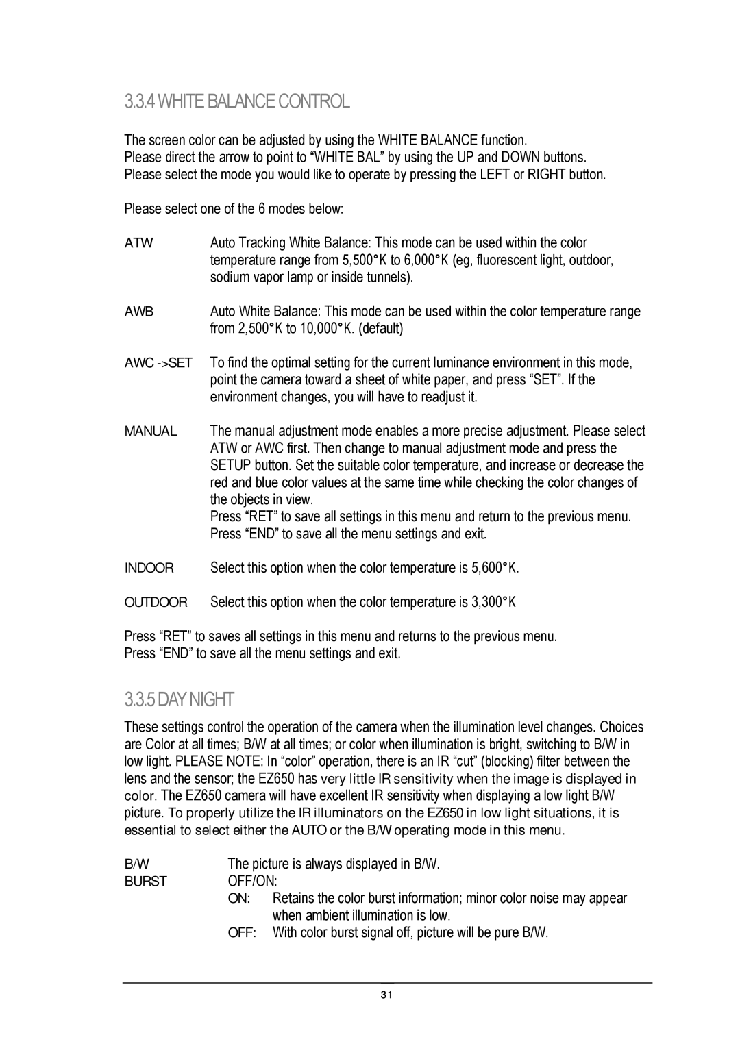 EverFocus EZ650 manual Atw, Awb, Awc -Set, Manual, Indoor, Outdoor, Burst OFF/ON 
