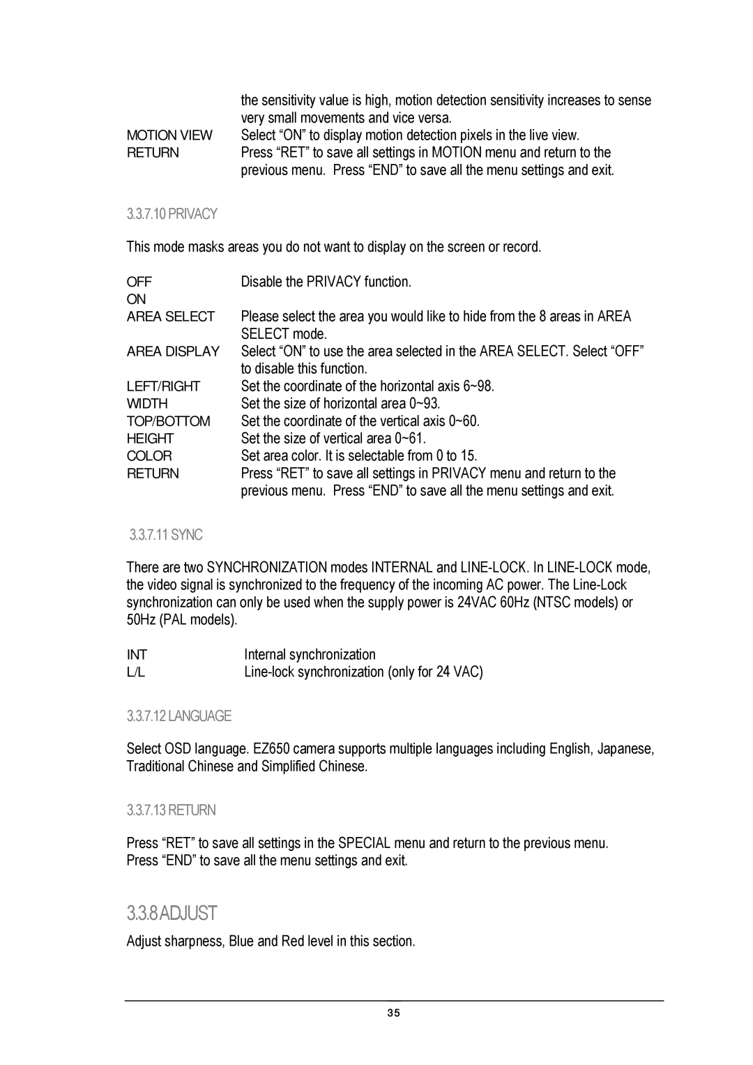 EverFocus EZ650 manual Privacy, Sync, Internal synchronization, Language 