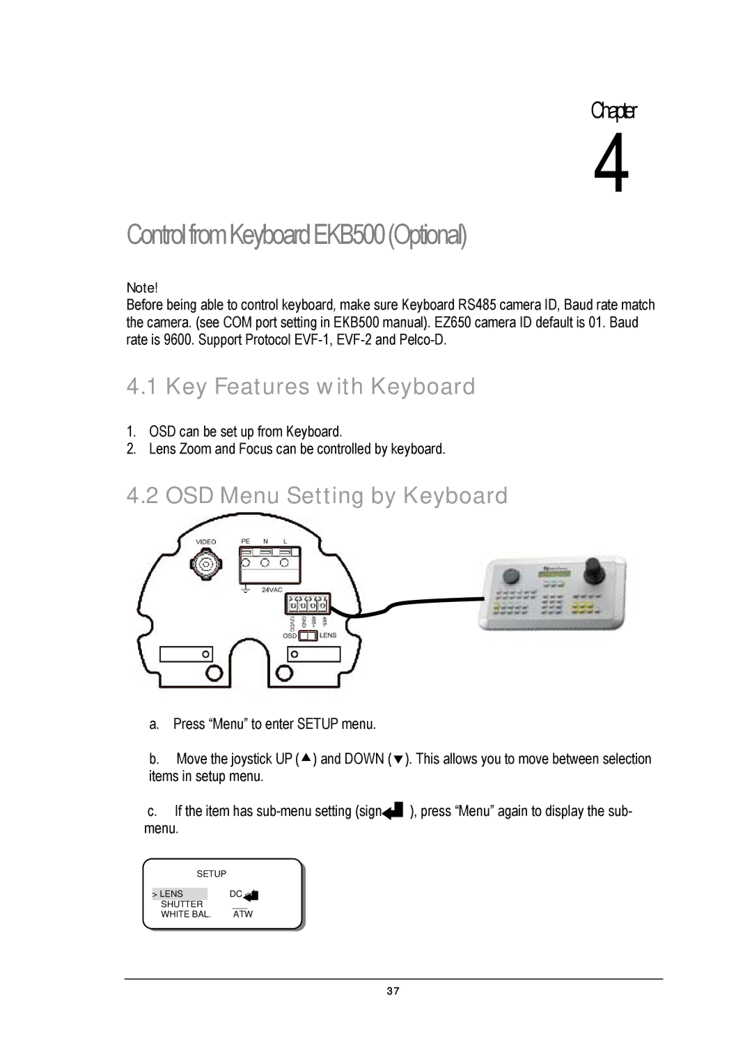 EverFocus EZ650 manual Key Features with Keyboard, OSD Menu Setting by Keyboard 