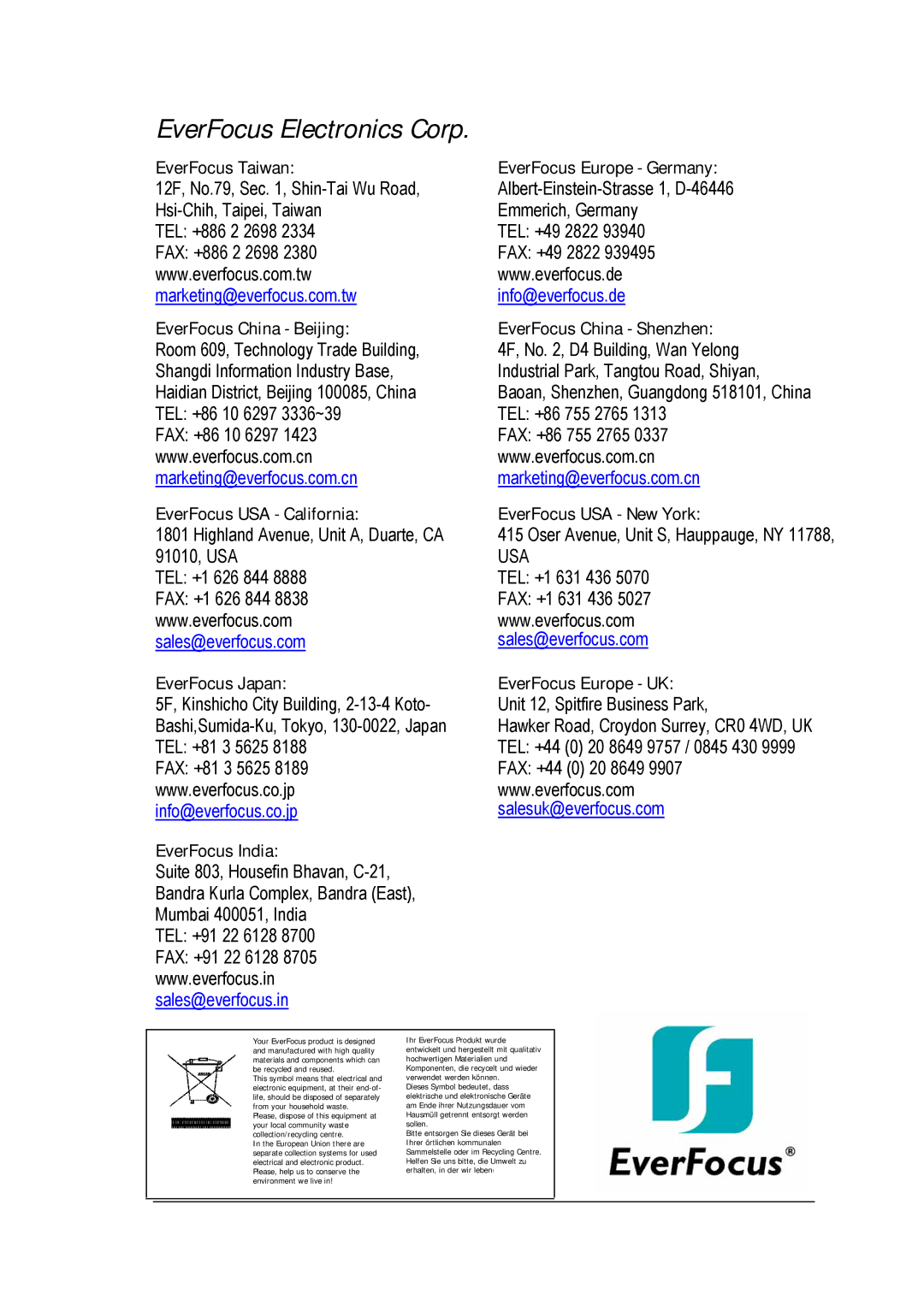 EverFocus EZ650 EverFocus Taiwan, EverFocus China Beijing, EverFocus USA California, EverFocus Japan, EverFocus India 