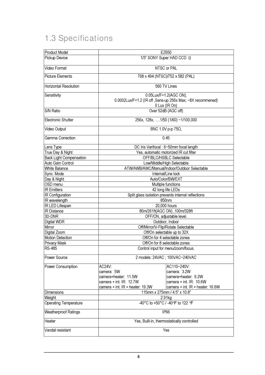 EverFocus EZ650 manual Specifications, 3D-DNR 