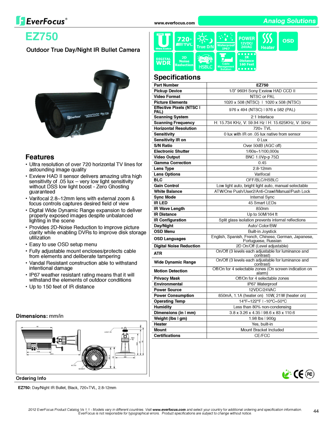 EverFocus EZ750 dimensions Features, Specifications 