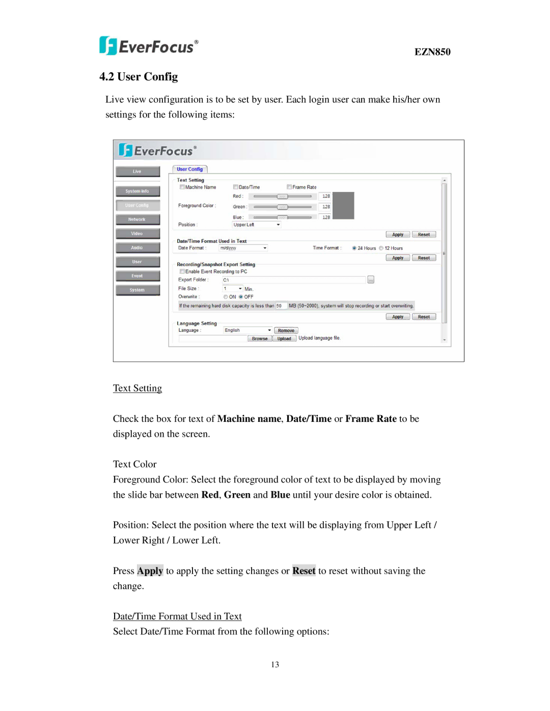 EverFocus EZN850 user manual User Config 