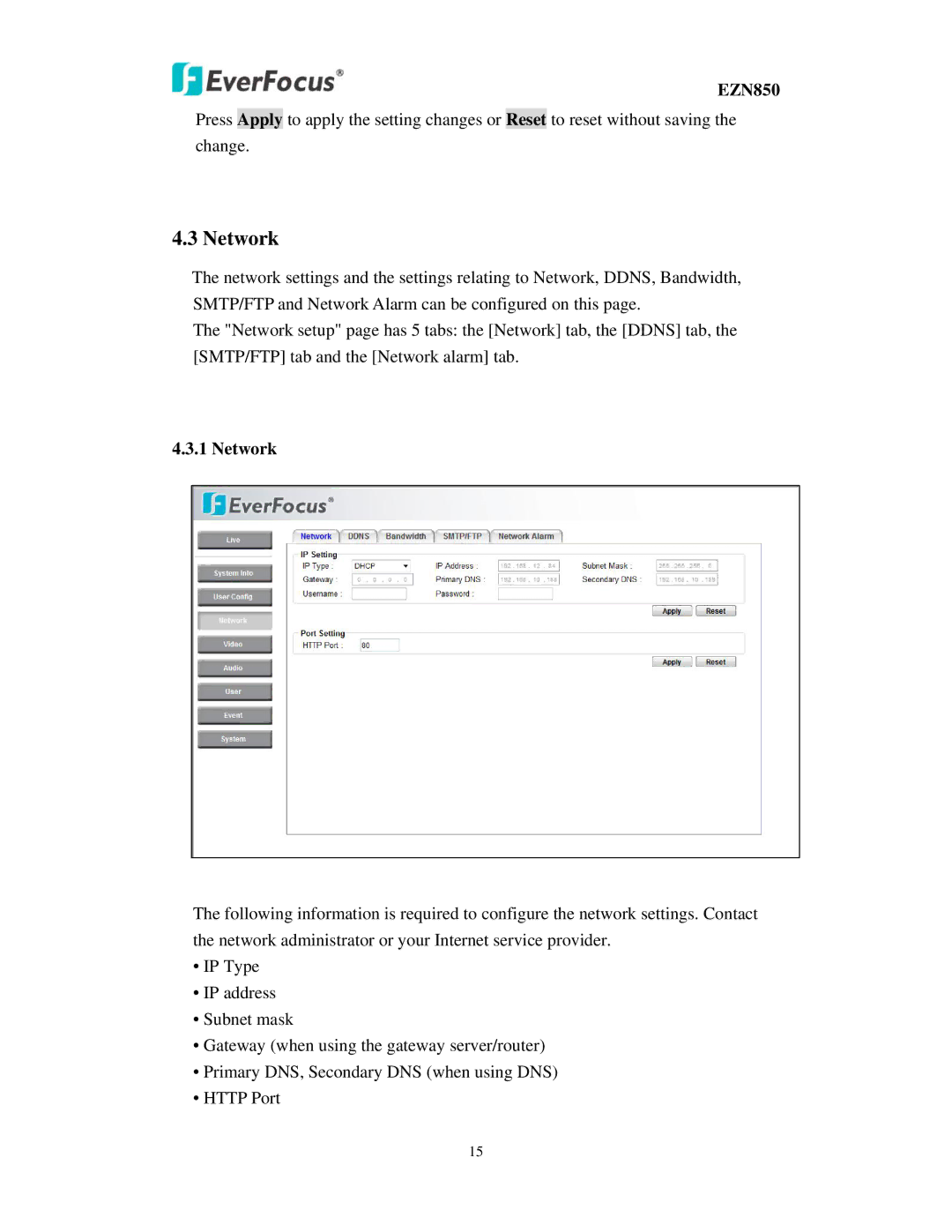 EverFocus EZN850 user manual Network 