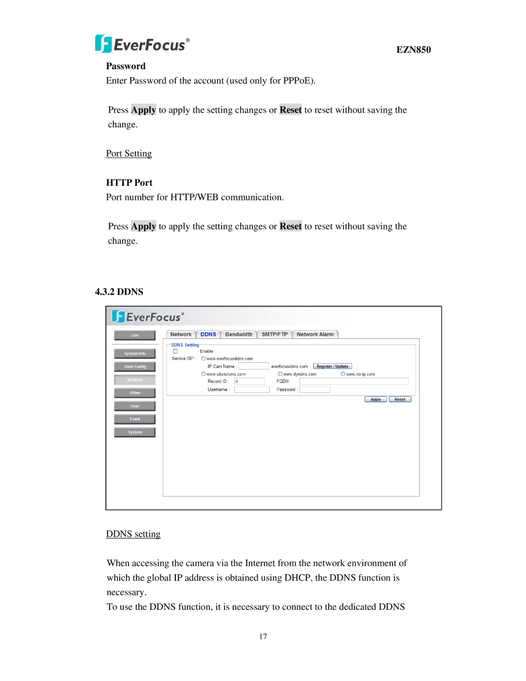 EverFocus user manual EZN850 Password, Http Port, Ddns 