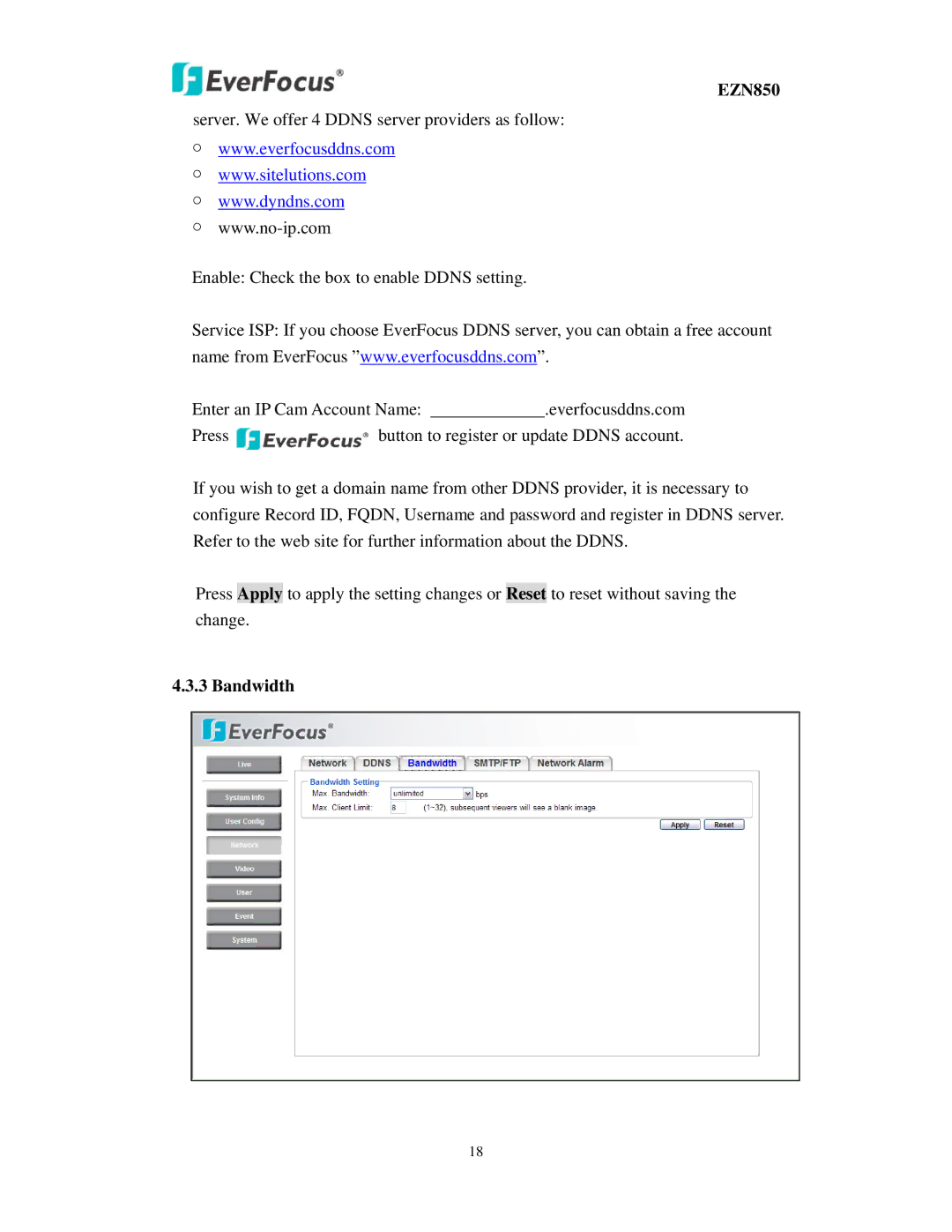 EverFocus EZN850 user manual Bandwidth 