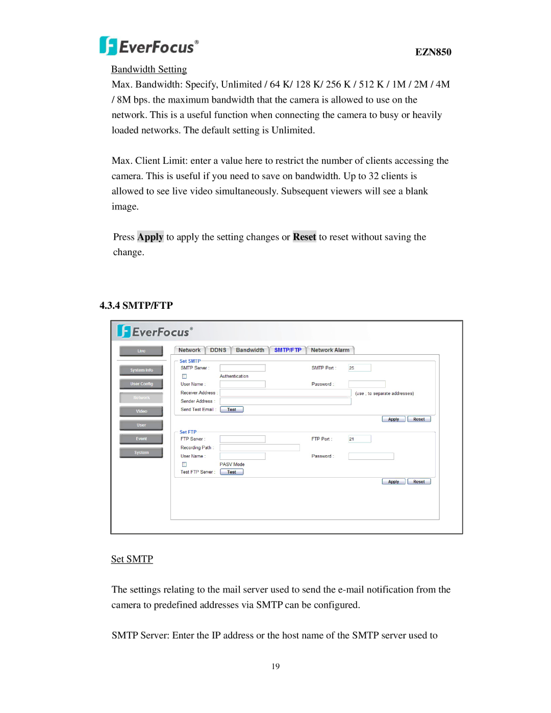 EverFocus EZN850 user manual Smtp/Ftp 