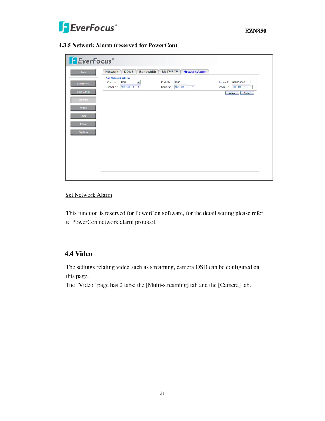 EverFocus user manual Video, EZN850 Network Alarm reserved for PowerCon 