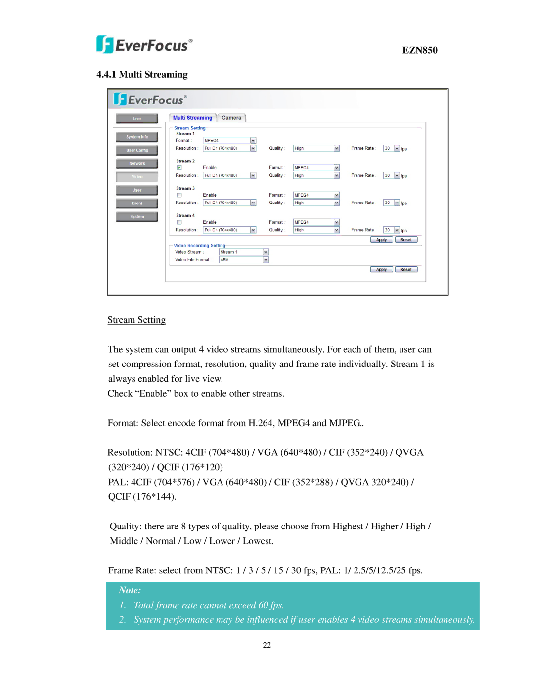 EverFocus user manual EZN850 Multi Streaming 