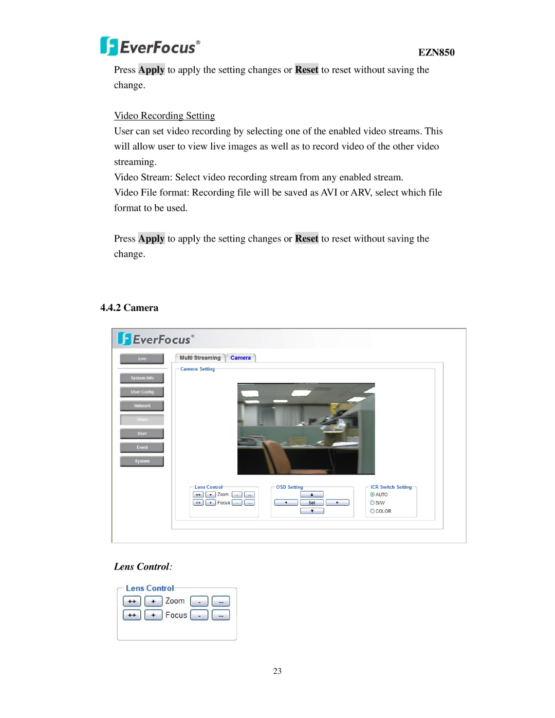 EverFocus EZN850 user manual Camera, Lens Control 