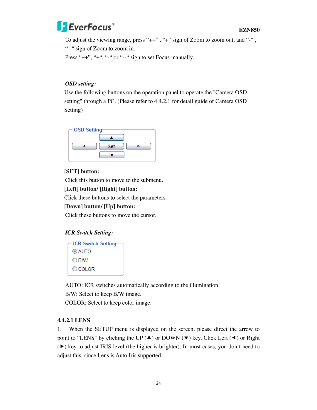 EverFocus EZN850 user manual OSD setting, Lens 