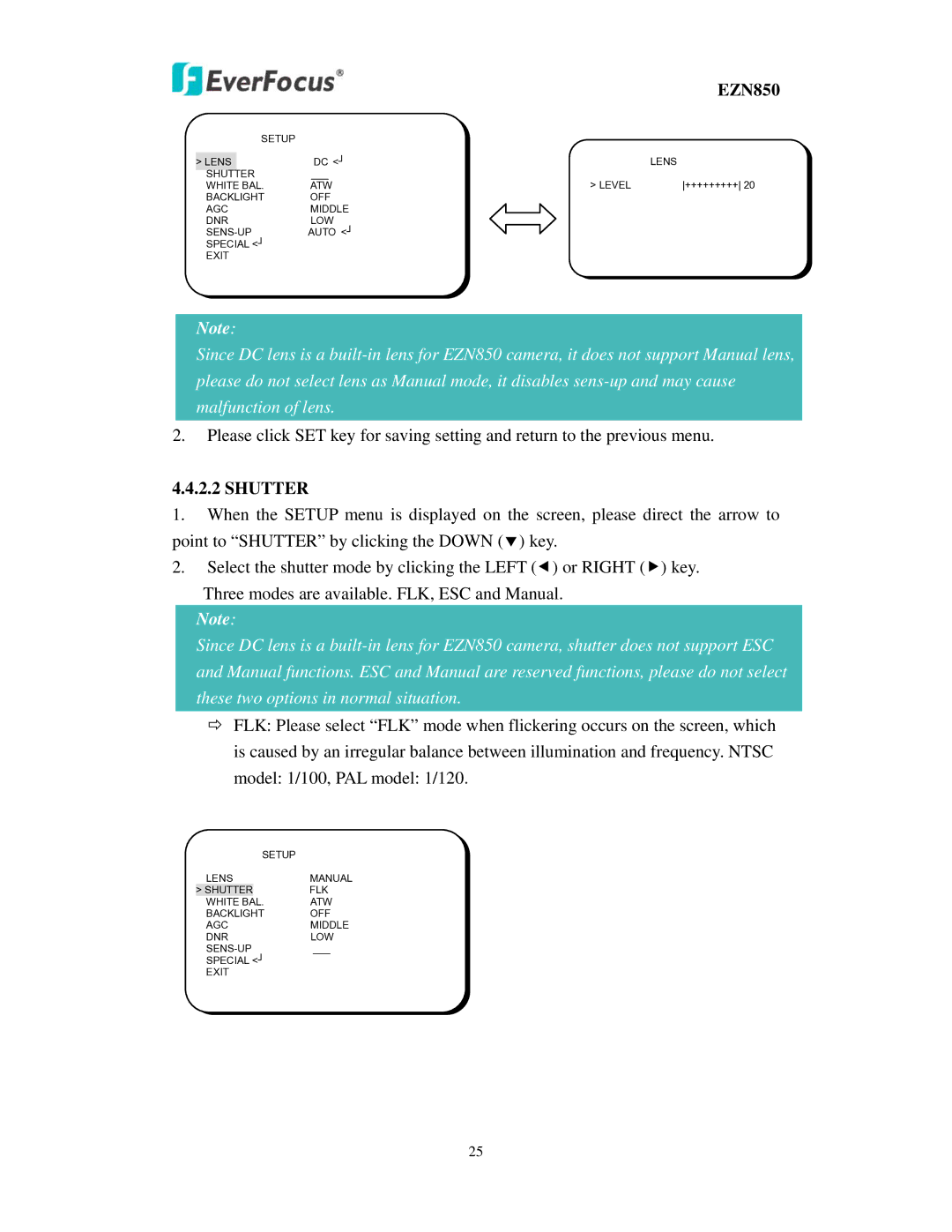 EverFocus EZN850 user manual Shutter 