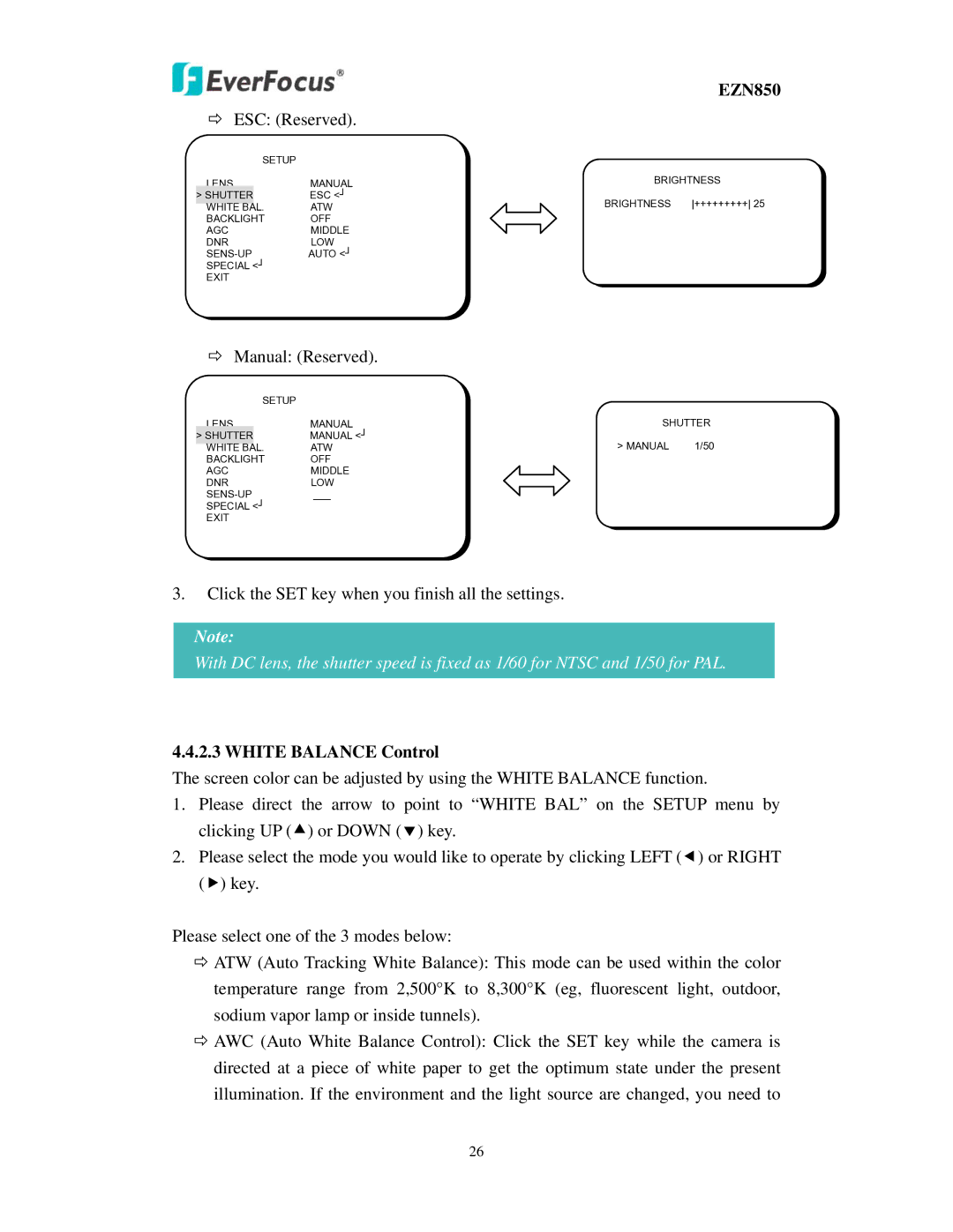 EverFocus EZN850 user manual ESC Reserved, White Balance Control 