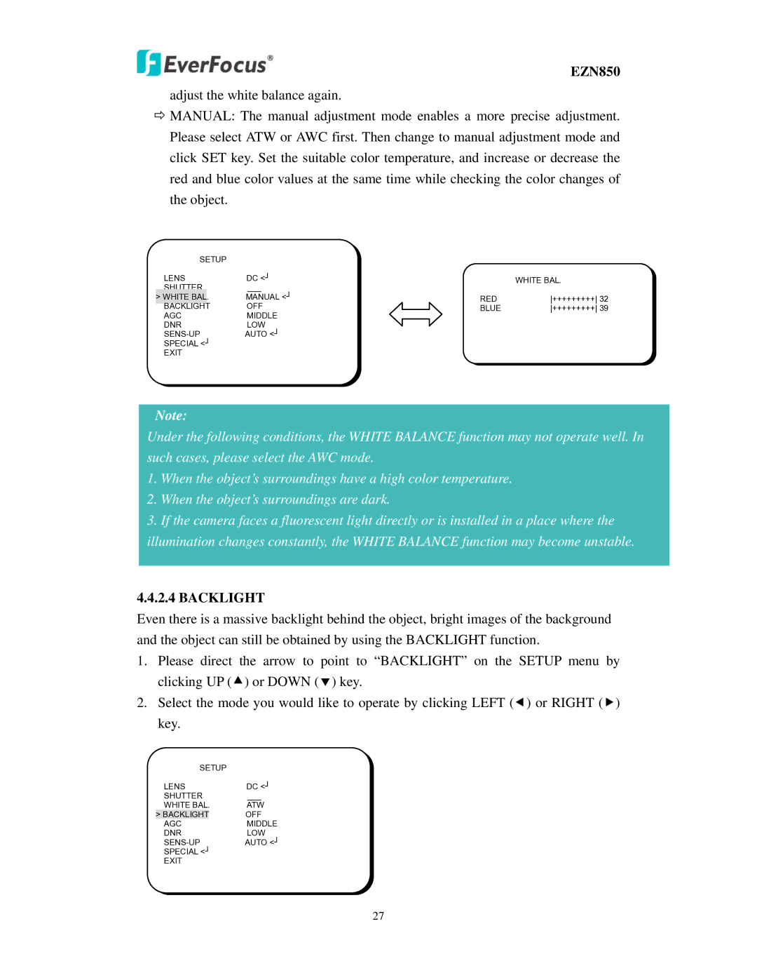 EverFocus EZN850 user manual Backlight 