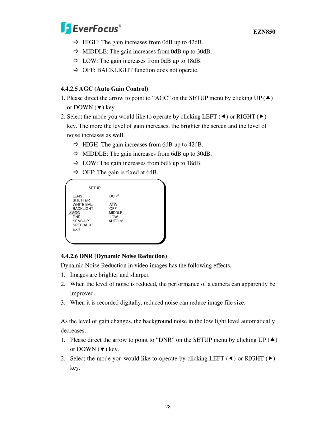 EverFocus EZN850 user manual AGC Auto Gain Control, DNR Dynamic Noise Reduction 