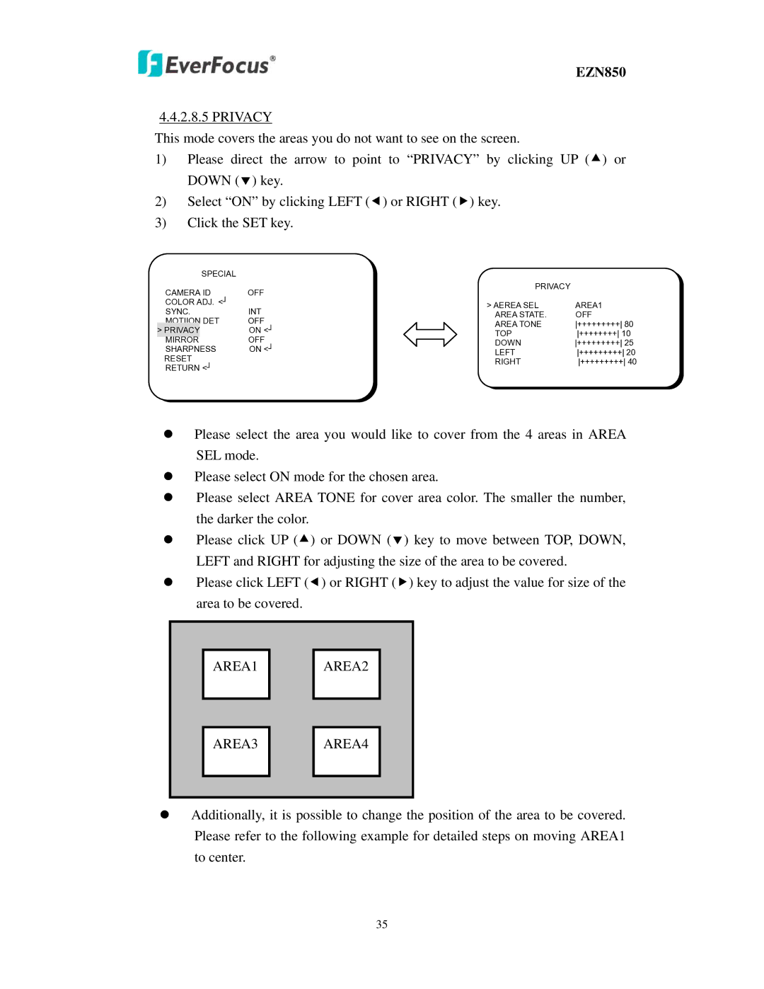 EverFocus EZN850 user manual Color ADJ Aerea SEL AREA1 Sync INT Area State OFF 