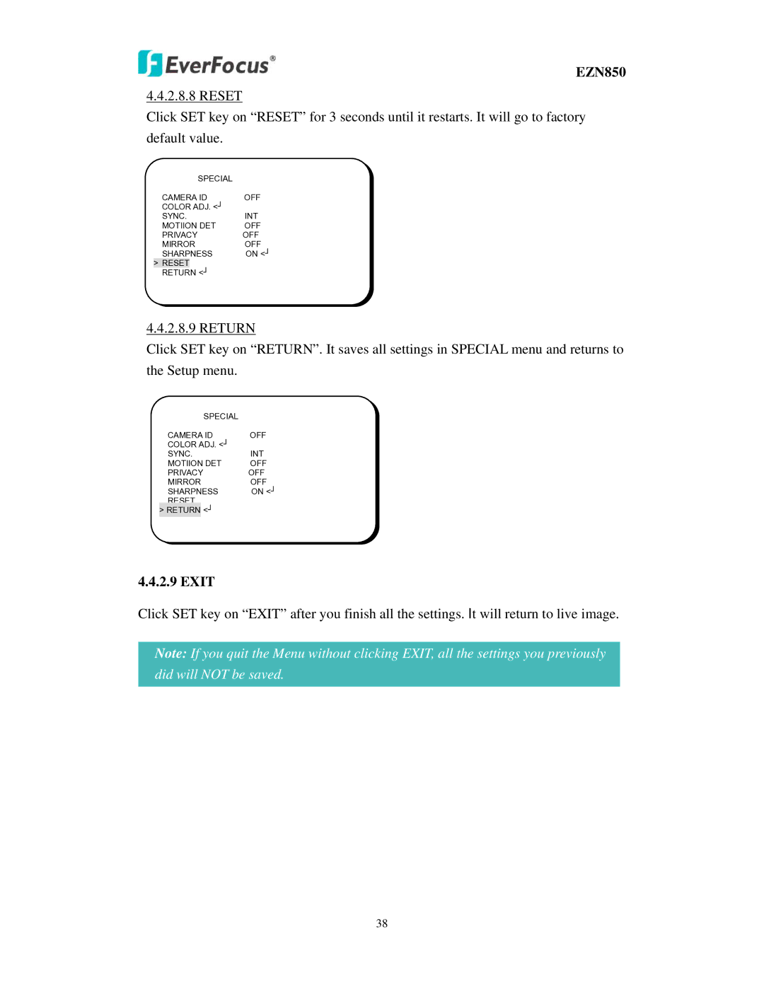 EverFocus EZN850 user manual Exit 